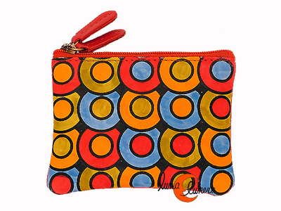 Monederos de piel Grescart. Monedero doble pequeño, rojo con círculos de colores.