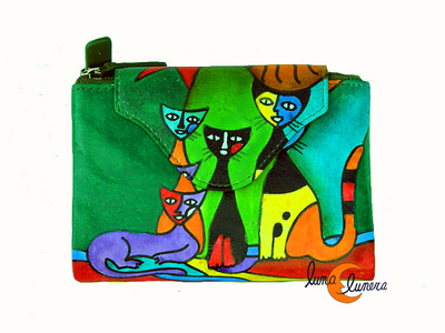 Carteras de piel Belmonte. Cartera pequeña 32. Gatos verde.