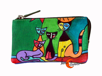 Monedero 28 de piel grande Belmonte. Gatos verde.