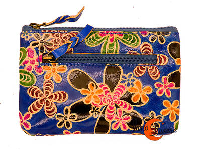 Shanti, monederos de piel de India. Monedero rectangular grande, azul con flores.