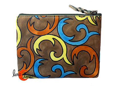 Monederos de piel Grescart. Monedero rectangular mediano dos cremalleras, marrón con dibujos.