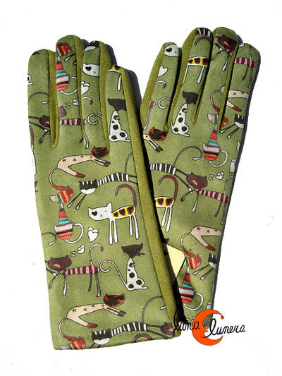 Guantes con imágenes de gatos, gatos cola larga verde.