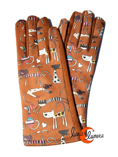 Guantes con imágenes de gatos, gatos cola larga marrón.