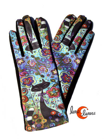 Guantes con imágenes de gatos, primavera azul.