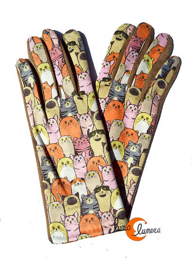 Guantes con imágenes de gatos, gatitos japoneses beige.