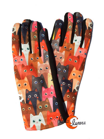 Guantes con imágenes de gatos, muchos gatos negro.