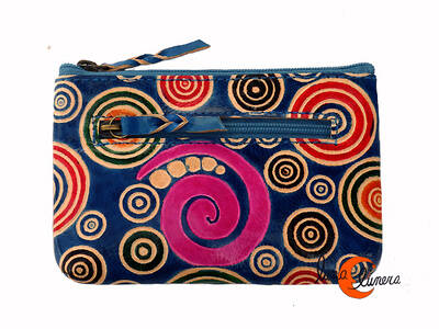 Shanti, monederos de piel de India. Monedero rectangular grande, azul con espiral
