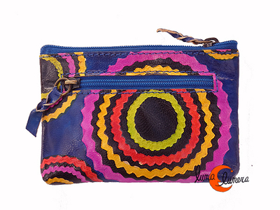 Shanti, monederos de piel de India. Monedero rectangular pequeño, azul con círculos.