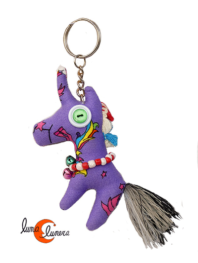 Llaveros con animales de tela, unicornio morado.