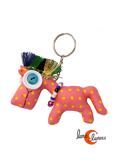 Llaveros con animales de tela, caballo rosa ojos azules.