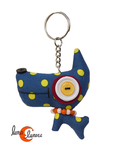 Llaveros con animales de tela, perro cabezón azul.