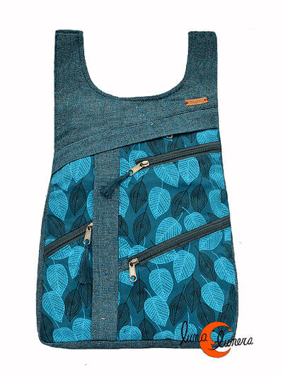 Mochilas de tela Mugling. Mochila jaspeada vertical hojas azul.