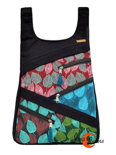 Mochilas de tela Mugling. Mochila parches con cremallera trasera, hojas negro verde.