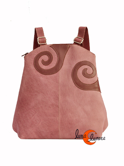 Arteycuero, mochila grande redonda rosa palo con espirales.