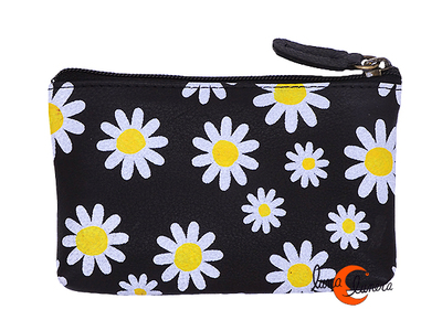 Monederos de piel Grescart. Monedero rectangular pequeño dos cremalleras, negro con margaritas.