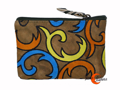 Monederos de piel Grescart. Monedero rectangular pequeño dos cremalleras, marrón con dibujos.
