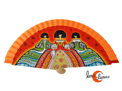 Abanico de tela y madera pintada, Meninas, naranja.