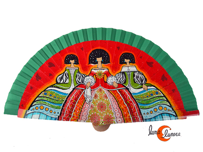 Abanico de tela y madera pintada, Meninas, verde.
