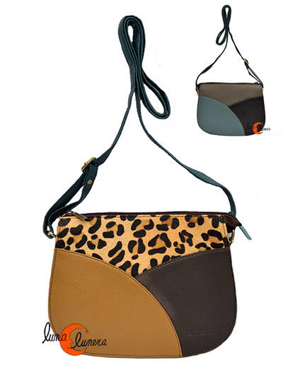 Soruka, bolsos de piel de colores. Bolso grande redondo REVERSIBLE print, camel y marrón oscuro.