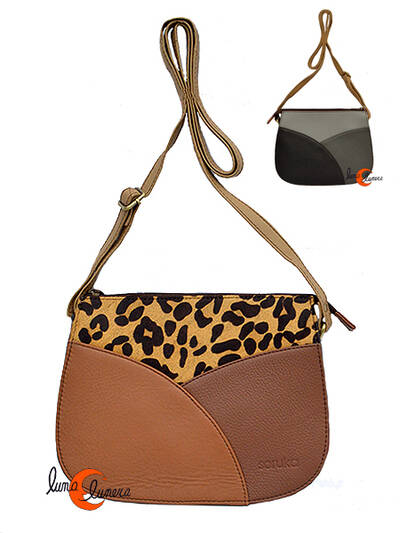 Soruka, bolsos de piel de colores. Bolso grande redondo REVERSIBLE print, marrón y marrón.