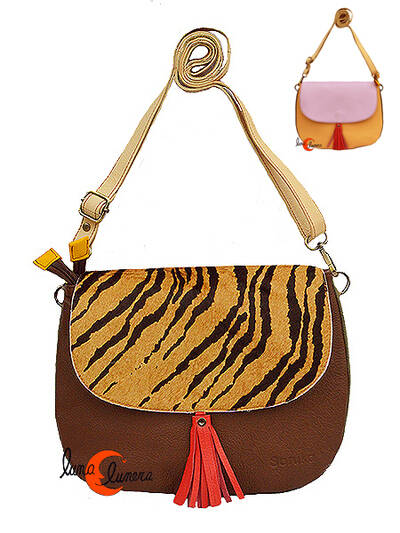 Soruka, bolsos de piel de colores. Bolso grande redondo REVERSIBLE con tapa, vainilla y marrón.