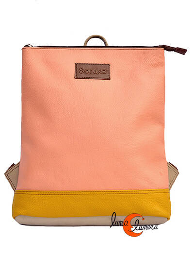 Soruka, mochila de piel de colores. Mochila cuadrada color damasco.