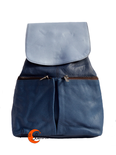 Soruka, mochila de piel de colores. Modelo clásico azul con tapa azul claro.
