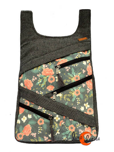 Mochilas de tela Mugling. Mochila con cremallera trasera, gris jaspeado florecillas.