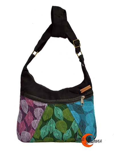 Bolsos de tela estampada Mugling, pequeño parches hojas morado, verde, azul.