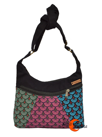 Bolsos de tela estampada Mugling, pequeño parches tulipanes verde, morado, negro.