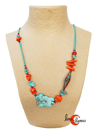 Collares India. Collar asimétrico turquesa y coral.