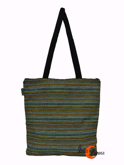 Bolsa tote de tela, bolso grande con cremallera Bruo. Rayinas verde y negro.