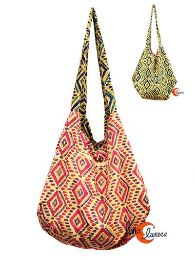 Bolso de tela grande con forma de saco doble asa REVERSIBLE, rombos.