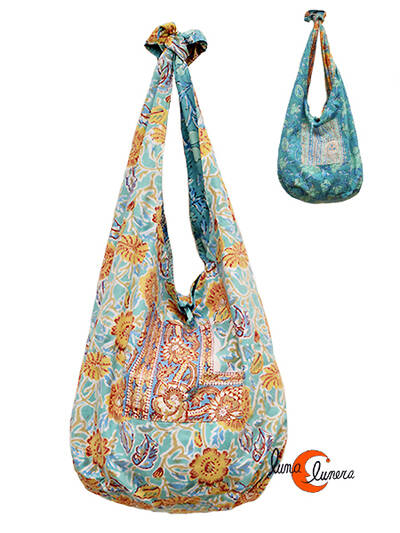 Bolso de tela con forma de saco con asa ancha REVERSIBLE grande, flores amarillas.