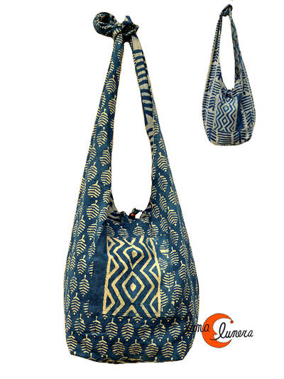 Bolso de tela grande con forma de saco con asa ancha REVERSIBLE mediano, azul.