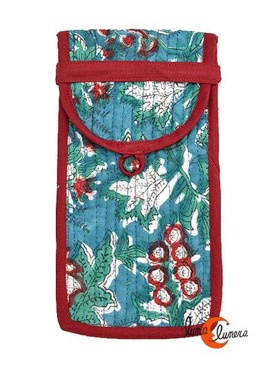 Funda de tela para gafas India, azul con rojo.