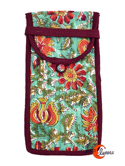 Funda de tela para gafas India, verde con granate.
