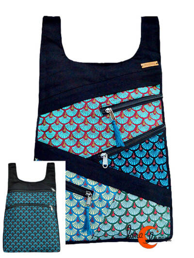 Mochilas de tela Mugling. Mochila REVERSIBLE hojas, tulipanes azul verde.