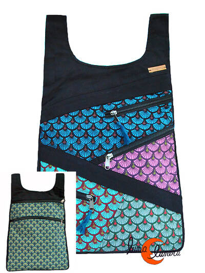 Mochilas de tela Mugling. Mochila REVERSIBLE hojas, tulipanes rojo verde.