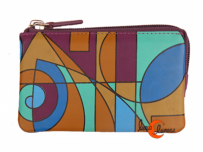 Monedero 25 de piel grande Belmonte. Geométrico morado.