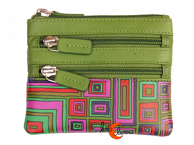 Carteras de piel de colores, monedero cuadrado grande cuatro cremalleras, geométrico verde.