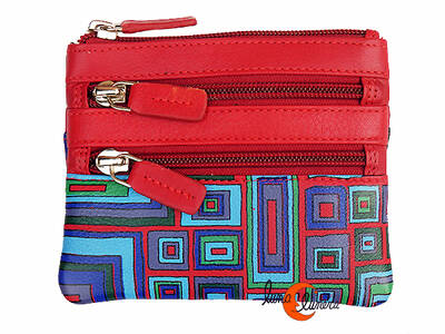 Carteras de piel de colores, monedero cuadrado grande cuatro cremalleras, geométrico rojo.