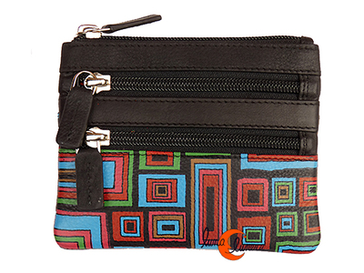 Carteras de piel de colores, monedero cuadrado grande cuatro cremalleras, geométrico negro.