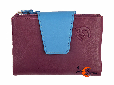 Cartera de piel Belmonte lisa pequeña 26 berenjena trabilla azul.