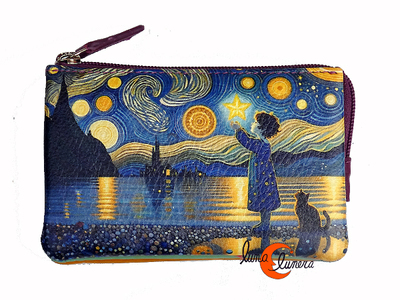 Monedero 21 de piel de colores Belmonte. Niña con su gato en la noche.