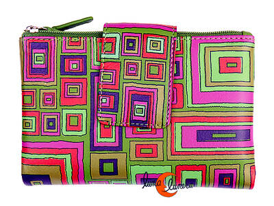 Carteras de piel Belmonte. Cartera grande laberinto 39, cremalleras verdes.