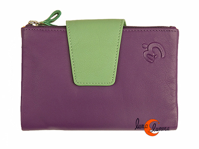 Cartera de piel Belmonte lisa mediana 39 gris magenta con trabilla verde agua.