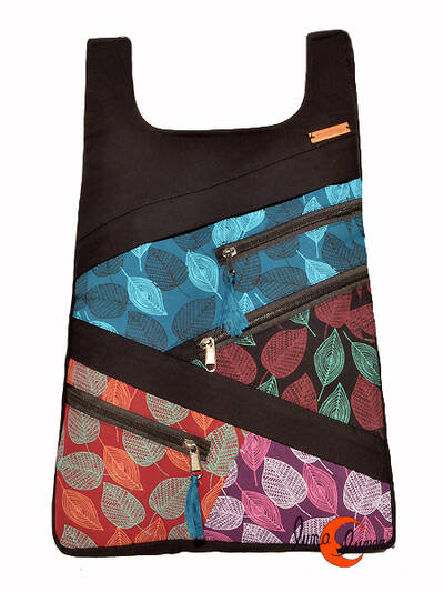 Mochilas de tela Mugling. Mochila parches con cremallera trasera, hojas rojo morado.