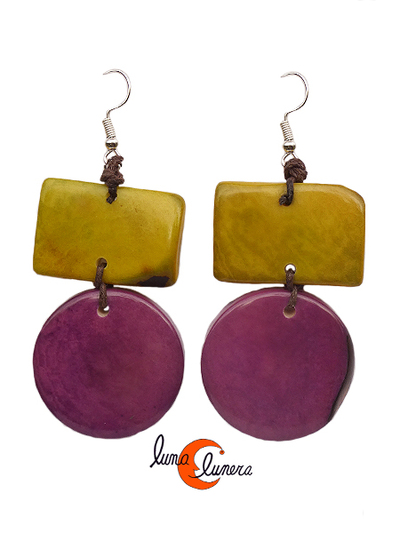 Pendientes de semillas de tagua. Geométrico grande, morado verde.