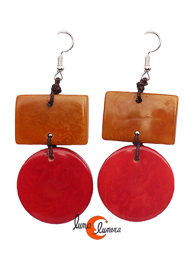 Pendientes de semillas de tagua. Geométrico grande, rojo marrón.